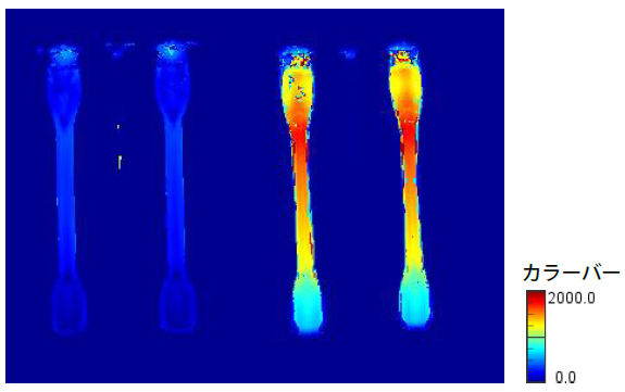 射出成形体のリタデーション(位相差)分布。 分子配向が大きい領域で位相差が大きな値を示す。