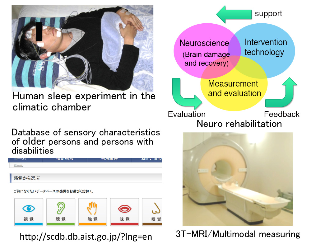 This figure consists of the following four pictures. The first picture shows the human sleep experiment in the climatic chamber. The second picture shows that neuroscience, measurement and evaluation, and intervention technology circulate in the neurorehabilitation research. The third picture shows a screen of the database of sensory characteristics of older persons and persons with disabilities. The fourth picture shows the multimodal measuring by MRI (magnetic resonance imaging) of 3 tesla magnetic field.