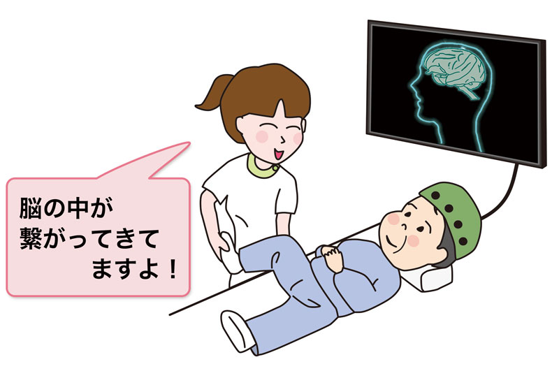 医療スタッフが患者に、脳の画像を見て、脳の中が繋がってきてますよ！と伝える図