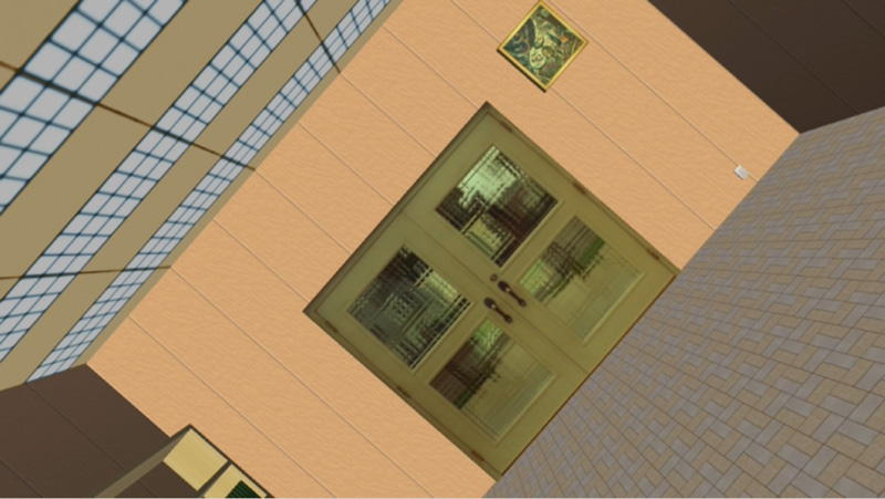 建物の部屋の内側からドアを見たCG映像が左に傾いている図