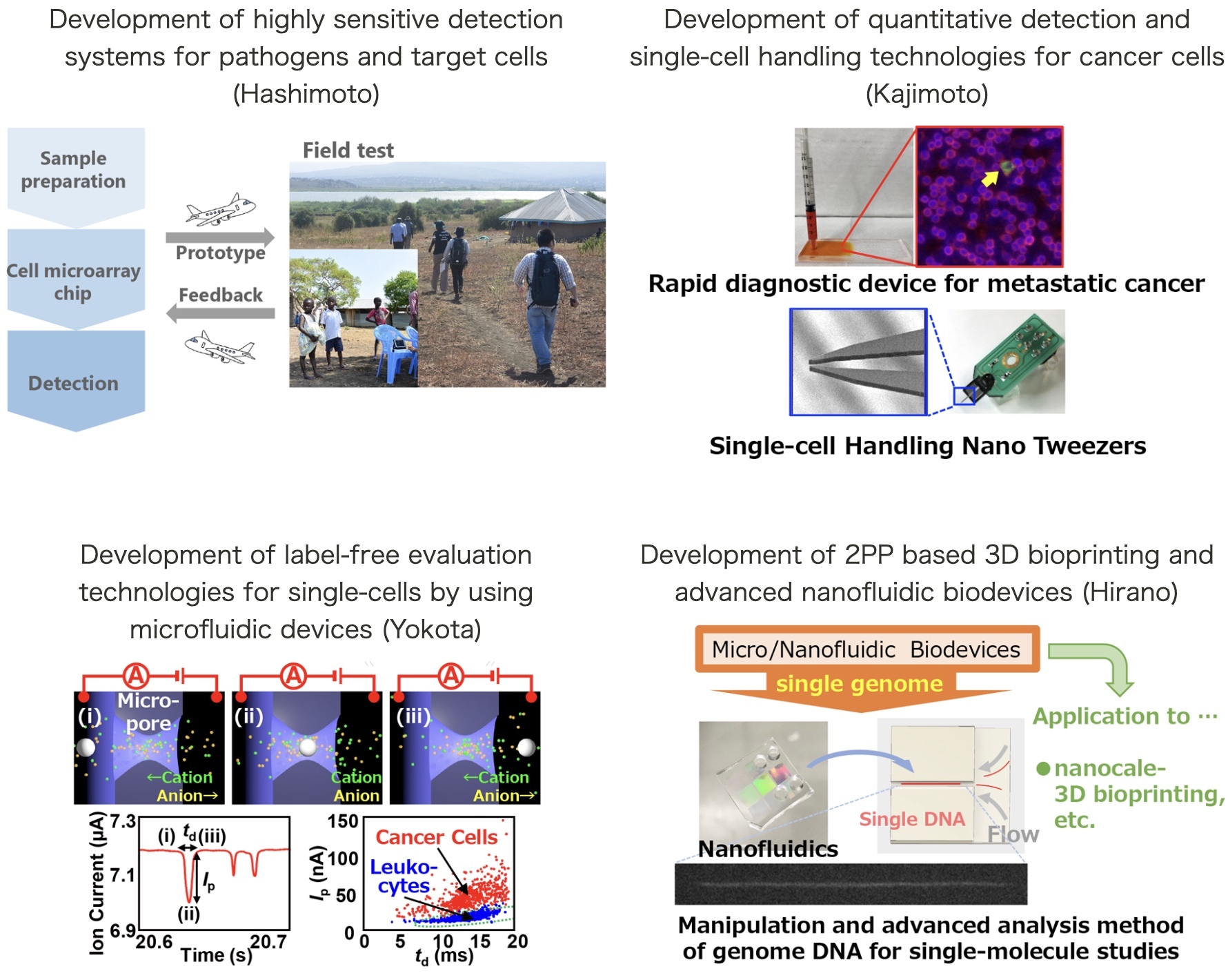 Development of highly sensitive detection systems for pathogens and target cells (Hashimoto), Development of quantitative detection and single-cell handling technologies for cancer cells (Kajimoto), Development of label-free evaluation technologies for single-cells by using microfluidic devices (Yokota), Development of 2PP based 3D bioprinting and advanced nanofluidic biodevices (Hirano)