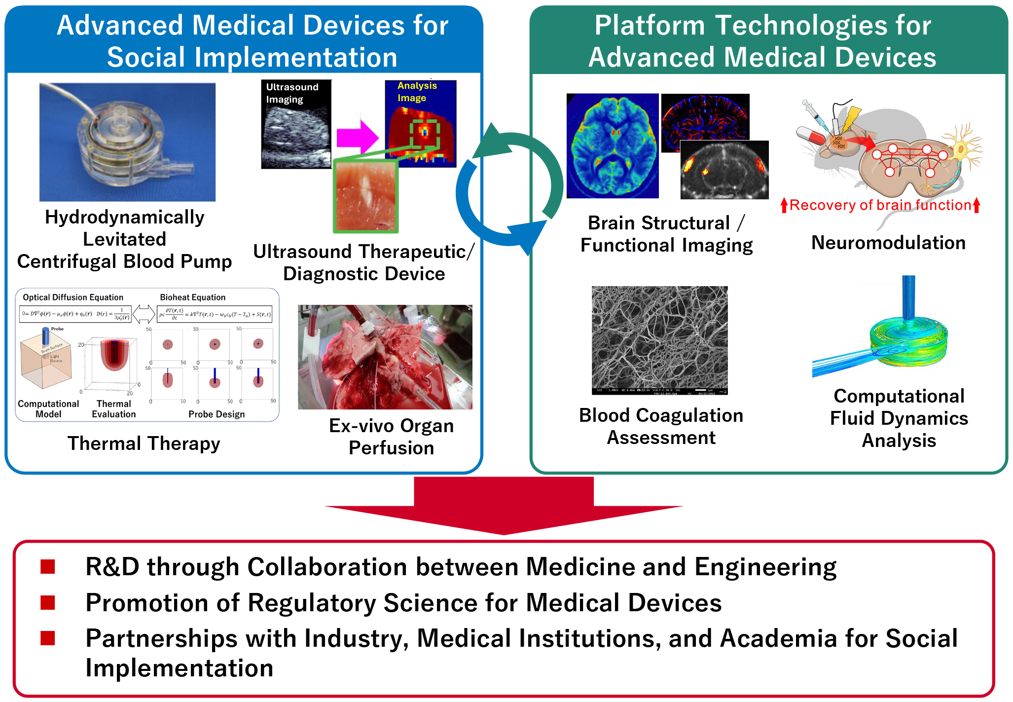 Advanced Medical Devices for Social Implementation. Platform Technologies for Advanced Medical Devices. R&D through Collaboration between Medicine and Engineering. Promotion of Regulatory Science for Medical Devices. Partnerships with Industry, Medical Institutions, and Academia for Social Implementation.