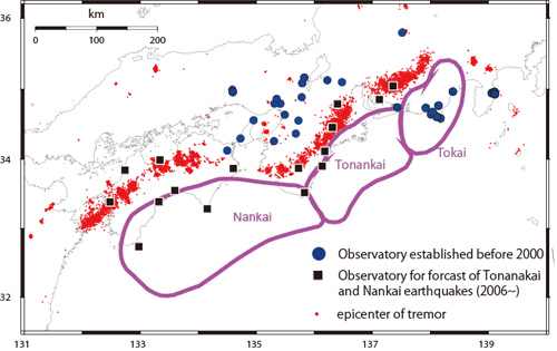 Hypothetical focal zones of the Tokai, Tonankai and Nankai earthquakes, 