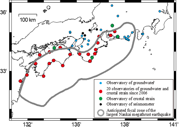 Anticipated focal zone of the largest Nankai megathrust earthquake and observation sites established by AIST for earthquake forecasting, along with existing observation sites.