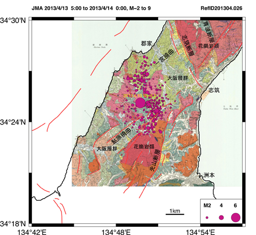 震源域周辺の地質図（高橋ほか，1992）と震央位置．