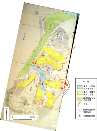 志賀島西部，国民休暇村周辺の造成前の地形区分と今回の地震に伴う地表亀裂分布．