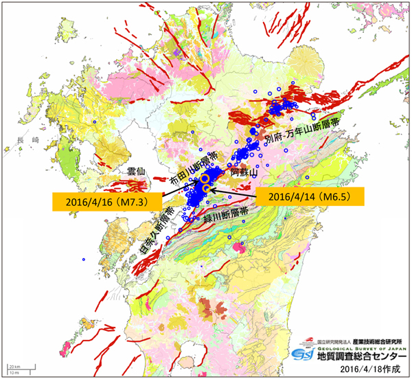 図1　2016年熊本地震の震源と周辺の地質構造