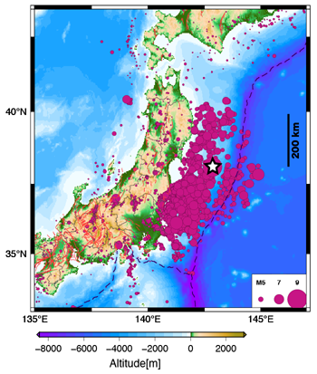 2011年3月11日の本震から3月27日までの余震分布．