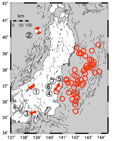図1 2011年3月11日本震後のM6以上の内陸の地震（4/12まで）．