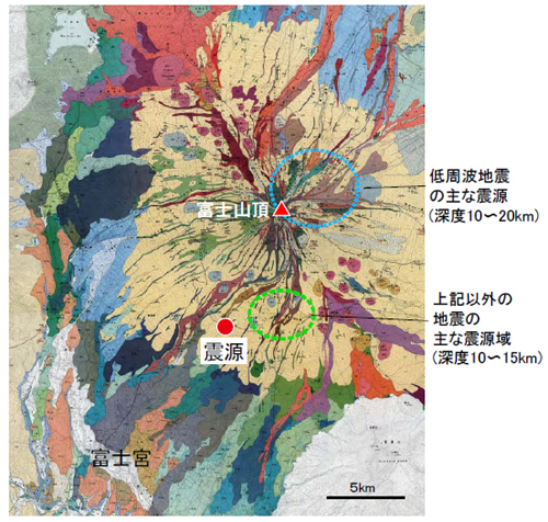 図6 3月15日静岡県東部の地震（M6.4）の震央（赤丸）周辺の火山地質図（富士火山地質図,2002）と富士山直下の地震分布