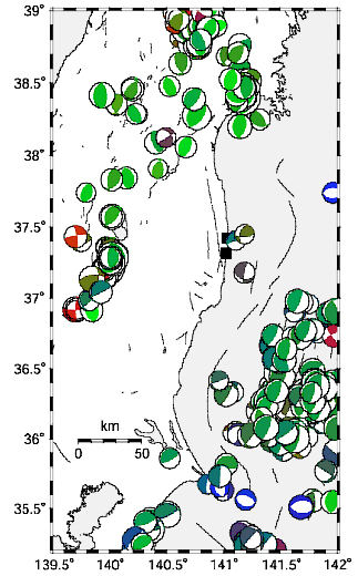 図11　東北太平洋沖地震発生前までの深さ20km以浅のF-netによる発震機構解