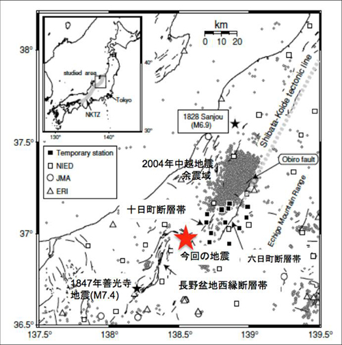 図2 2011年長野県北部の地震の発生位置の特徴．Imanishi et al.(2006)に加筆．