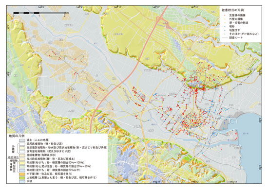 図1　土浦市中心部からつくば市栄付近にかけての建物被害と地盤変状．