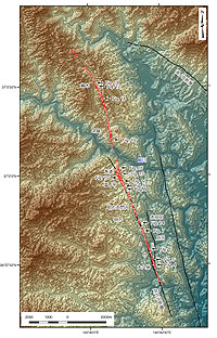 第1図．井戸沢地震断層の分布．赤丸は現地調査により地震断層を確認した地点．