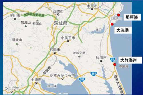 3) 2011年3月14日に下図で示す大洗・那珂湊域で調査を実施しました．