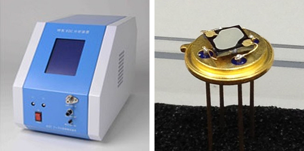 図：開発した呼気VOC検知器プロトタイプと小型化した貴金属添加型酸化スズガスセンサ