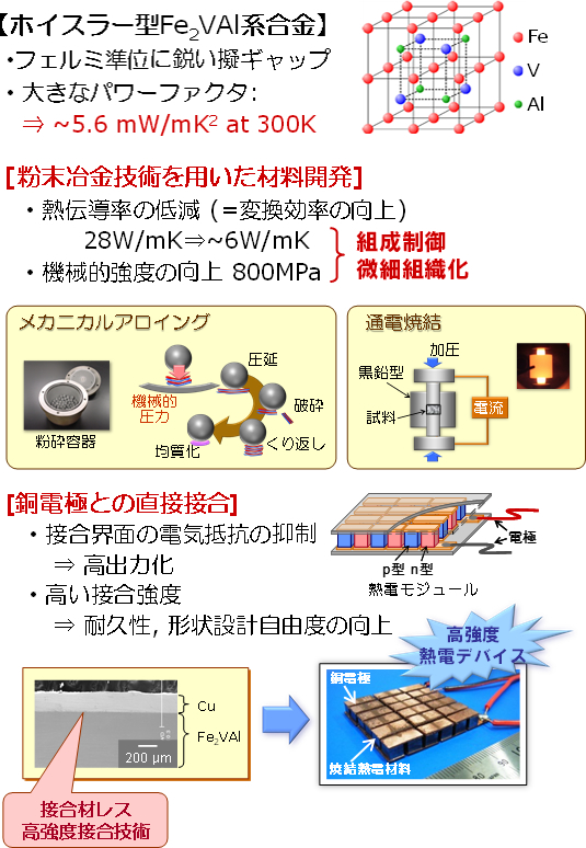 図：ホイスラー合金系熱電材料開発とモジュール開発に関する模式図