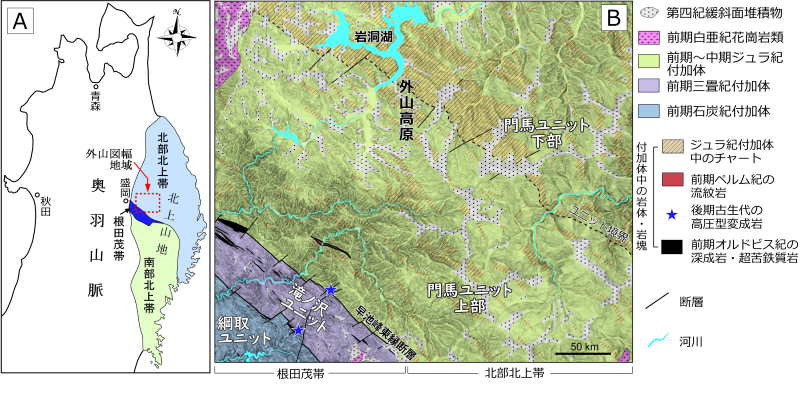 図2　（A）外山図幅の位置図、（B）外山図幅内の地質概略図