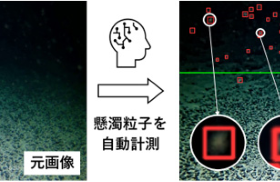 元画像（左）に写っている懸濁粒子数を、AI技術によって自動計測。