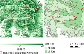 抽出された斜面変動の大きな地域（赤）と傾斜（左図）、地質（右図）情報との比較。