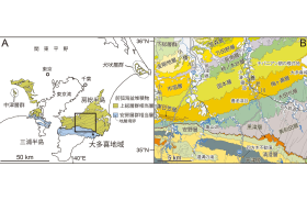 （A）大多喜地域の位置図（B）大多喜図幅内の地質概略図