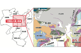 「京都及⼤阪」地域の位置と地質概略図（20万分の1地質図幅「京都及⼤阪」から編集・作成）