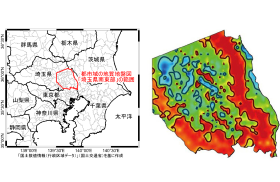都市域の地質地盤図「埼玉県南東部」の位置図と微動データに基づく軟弱地盤（赤部）の分布