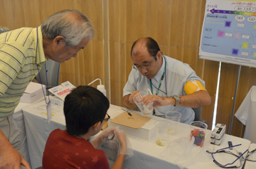 研究者が実験の手順を示し参加者が作業している様子
