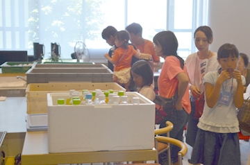 展示装置の前に並んで見学する子どもたち